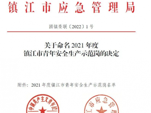 喜报！这个青年集体荣获“2021年度镇江市青年安全生产示范岗”荣誉称号